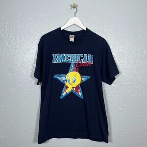 Looney Tunes Women L Navy Blue American Chick Tweety Bird Shirt Glitter Y2K
